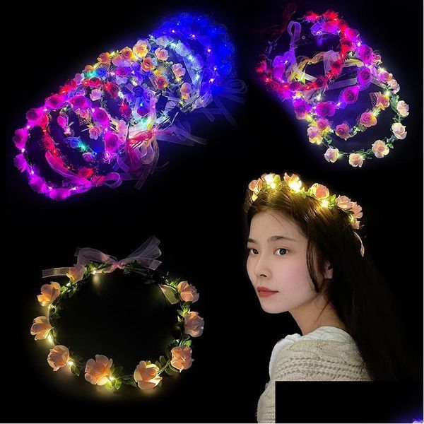 Piscando trança de cabelo a decoração de festa brilhante guirlanda hairband coroa flor bandana mulheres meninas led light up grinalda luminosa headw otpja