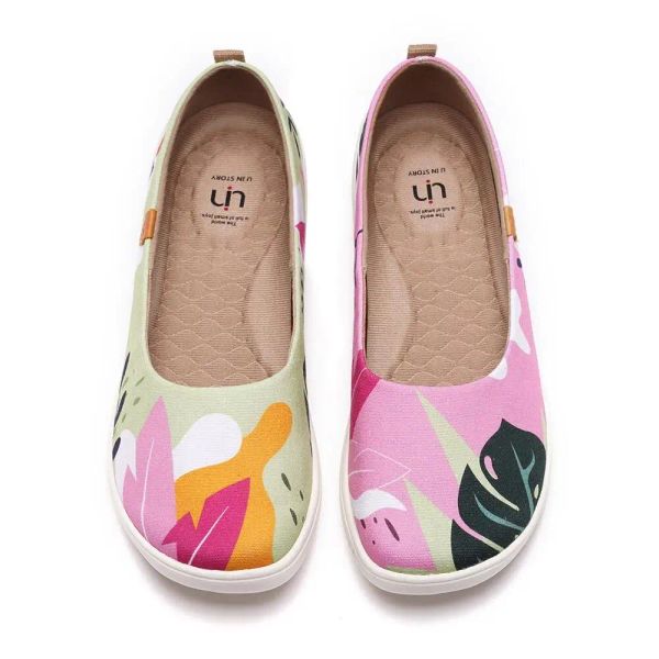 Flats Uin Balé feminino Flats fofos Floral Lightweight Slip na arte pintada de conforto redondo Sapatos de verão Summer Jungle