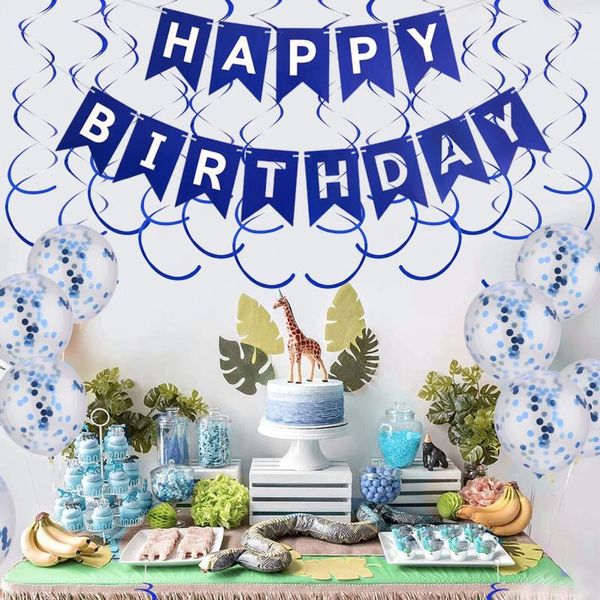 Decoração de festa 24pcs / conjunto 16.4ft tipo 16 cartão de papel banner de aniversário 12 polegadas azul látex confete balões feliz