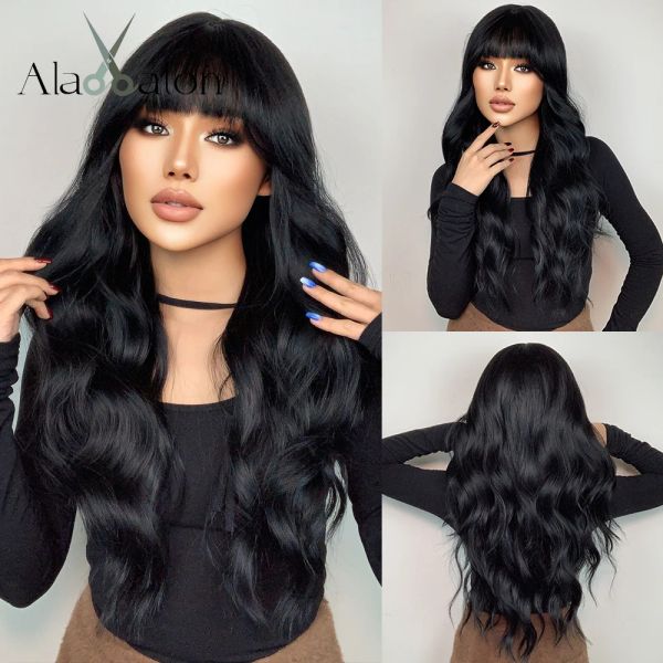 Perucas Alan Eaton Longo Wavy Wavy Black Synthetic Wigs com Bangs Water Wave Hair Wigs For Women Cosplay Diário Use Wig Resistente ao Calor