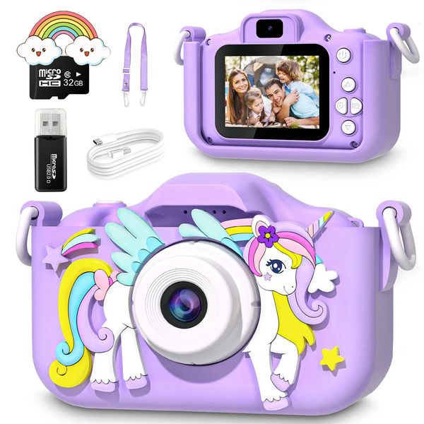 Mini macchina fotografica per bambini Cartoon Unicorno Giocattoli per ragazze Ragazzi Regali di compleanno Schermo 1080P HD da 2 pollici con scheda SD da 32G Durata di registrazione 240319