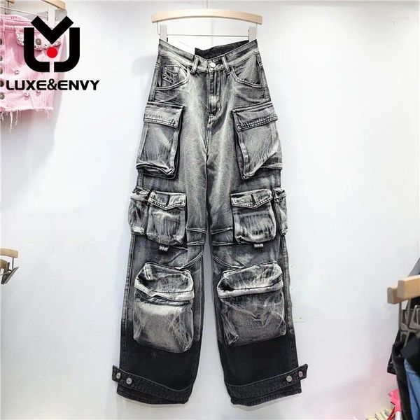 Jeans da donna LUXEENVY Explosion Street Tasca grande Design Lavaggio graduale Tuta da paracadutista Pantaloni Casual Trend 2024 Autunno