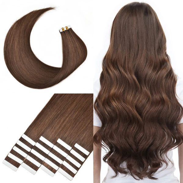 Fita de extensões em extensões de cabelo cabelo humano #4 chocolate marrom remy cabelo humano 1626 polegadas fita de trama de pele sem costura reta em cabelo humano