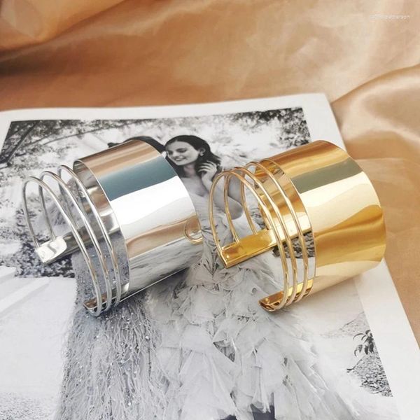Link pulseiras punk multicamadas fios de metal cordas pulseiras para mulheres vintage exagerado cor ouro ampla aberta manguito jóias