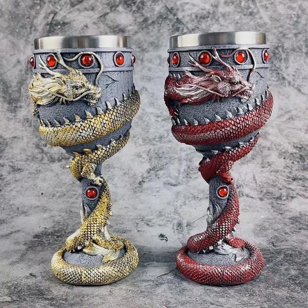 Bicchieri da vino Scultura 3D Drago cinese personalizzato Vero calice Serbatoio in acciaio inossidabile ad alto aspetto Resina vintage