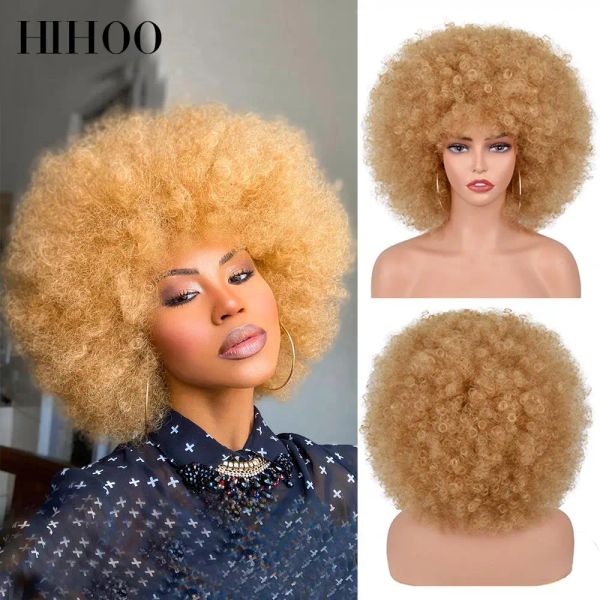 Perucas afro peruca cacheada com franja curta perucas sintéticas para mulheres negras omber ombro marrom loiro loiro sem gúdio cabelos de cosplay hihoo