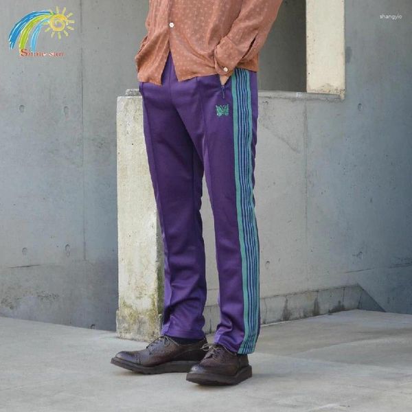 Мужские брюки, фиолетовые брюки с иглами, мужские и женские спортивные штаны высокого качества с карманом на молнии и вышивкой бабочки