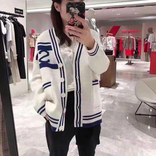 Maglieria da donna Prezzo speciale Giacca cardigan in maglia a maniche lunghe con scollo a V testurizzato blu e bianco stile college