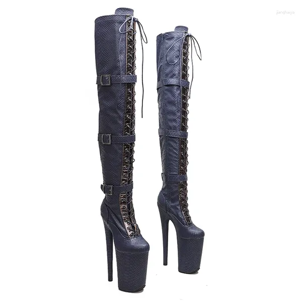 Sapatos de dança Leecabe 23cm/9 polegadas Navy Snake PU Upper Fashion Lady High Heel Platform Pole Boots