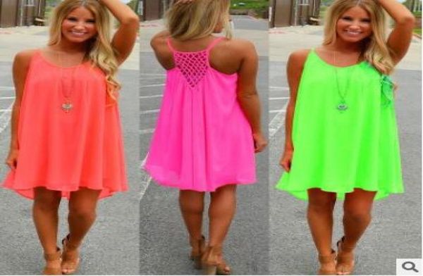 6 colori moda donna ragazza spiaggia fluorescenza abito estivo chiffon posteriore scavato abito donna plus size colori neon abiti CCA7331 3461314