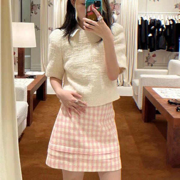 Röcke 2024A2024 Koreanische Herbst Damen Rosa Plaid Stoff Einzigartige Modische Marke Mini Designer Hohe Taille Kleidung