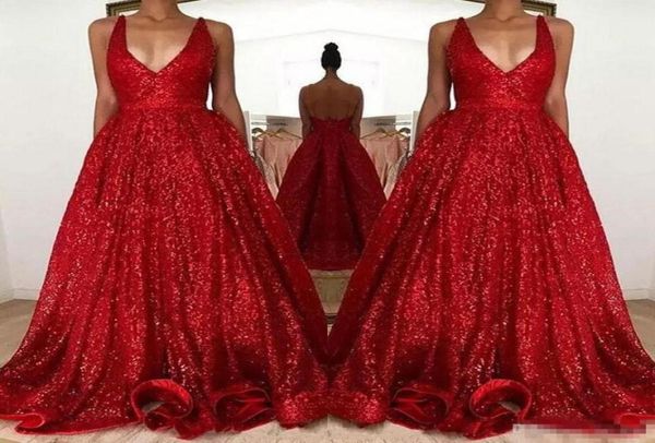 Sexy vermelho brilhante lantejoulas vestidos de baile longo profundo decote em v sem mangas sem costas uma linha barato vestidos de festa à noite5713252