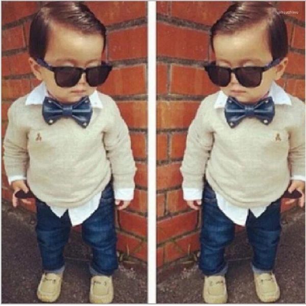 Conjuntos de roupas Hooyi Bonito Meninos Roupas Crianças Bow Tie Camisa Jean Pant Terno Bebê Menino Roupas Crianças Moda 2 Peças Set