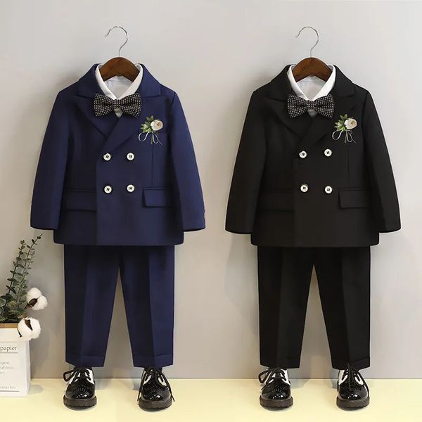 Anzug für Jungen, modisch, zweireihig, schwarz, Blumenmuster, für Hochzeit, Auftritt, Outfits für 4, 6, 8, 10 Jahre, Kinder, Schuluniform, Blazer-Set 240328