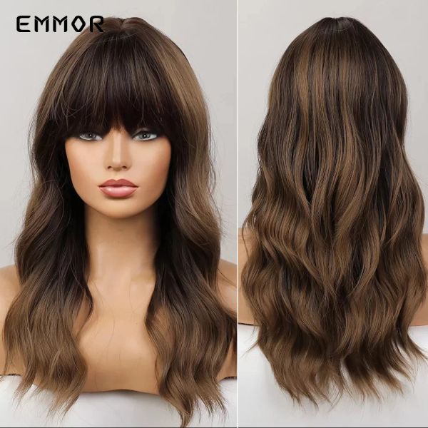 Peruklar emmor sentetik kestane kahverengi peruk kadınlar için patlama ile doğal uzun su dalgalı cosplay saç stiline dayanıklı fiber saç perukları