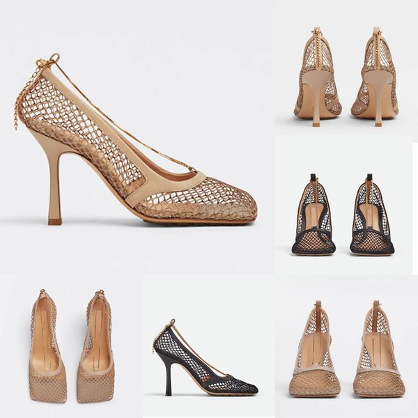 Mesh-Leder-Pumps, Sommer-Damenschuhe, Pumps, Designer-Absätze, Sandalen, sexy, aushöhlen, Abendessen, Sandale, Luxus-Gold-Finish, Kette, quadratische Zehen, Alias, 7,5 cm Stiletto-Absätze