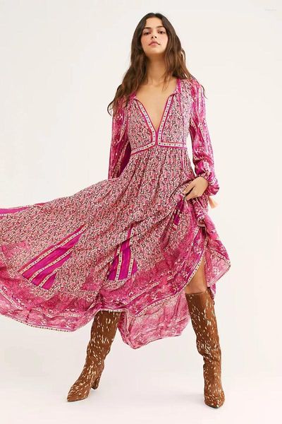 Sıradan Elbiseler Şifon Maxi Elbise Boho Tarz Tatil Baskı Şık Vestidos Mujer Uzun Kollu Ücretsiz Çiçek İnsanları Satış Hippi Cüppeleri