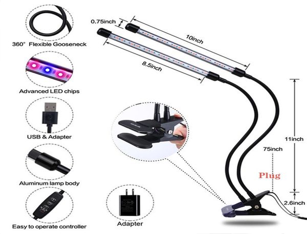 927W USB Dimming Timing LED Grow Lights Tre teste Botanica Lampade Desktop Doppia e una testa Lampada per piante Clip per verdure da interno Gro3417166