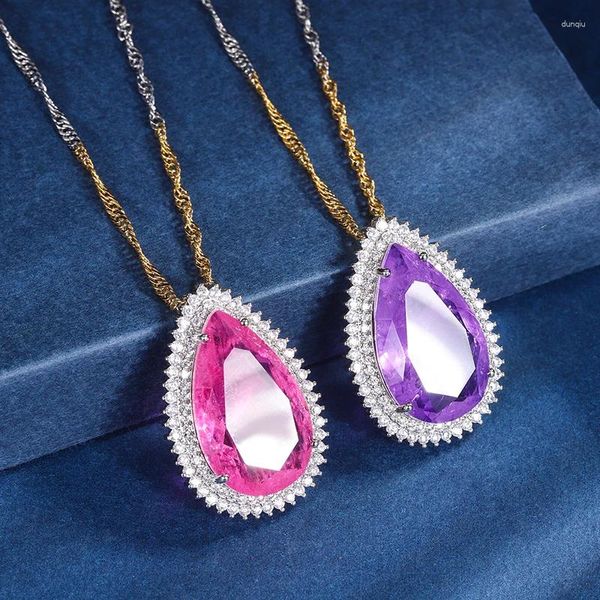 Anhänger Halsketten EYIKA Luxus Frauen Schmuck Rosa Lila Fusion Kristall Zirkon Wasser Tropfen Halskette Zwei Farbe Überzogene Welle Kette Colar