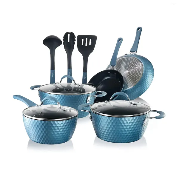 Conjuntos de panelas 11 peças antiaderente diamante padrão cozinha conjunto azul real aço inoxidável cozinhar panela antiaderente comida