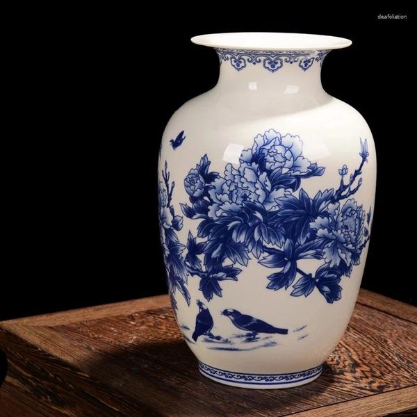 Vasen Jingdezhen blaues und weißes Porzellan, feine Bone China-Vase, Pfingstrose, dekoriert, hochwertige Keramik