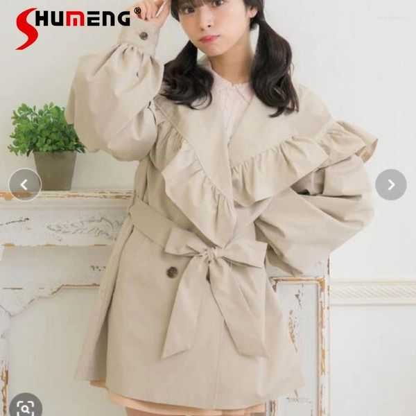 Trench da donna Cappotto versatile primaverile Tinta unita Sciolto stile giapponese Dolce arruffato Studente Bf Giacca a vento dimagrante di media lunghezza