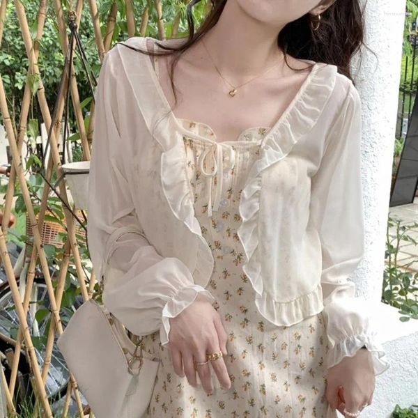 Lenços finos femininos envoltórios verão plissado mangas compridas chiffon poncho protetor solar xale curto top casaco estilo coreano rendas cardigan