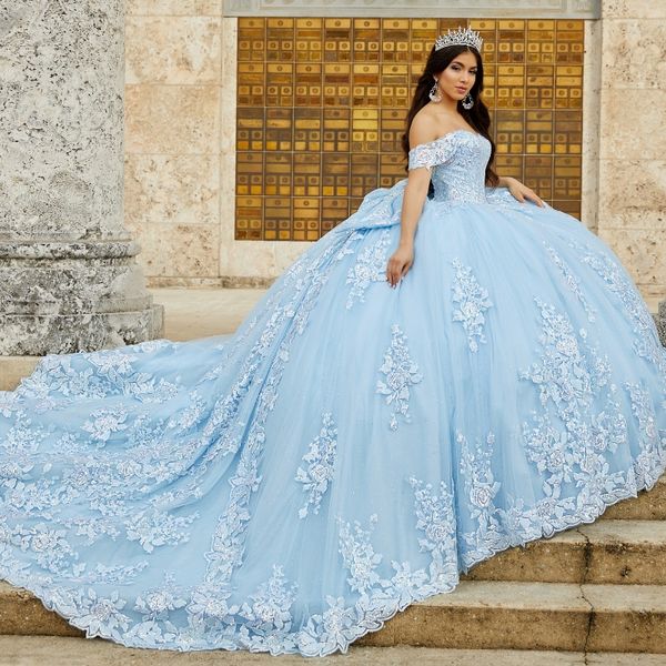 Himmelblaue Quinceanera-Kleider für süße Mädchen, Prinzessin, Ballkleid, Applikationen, Spitze, Tull, Abschlussballkleid, Vestidos de 15 Jahre