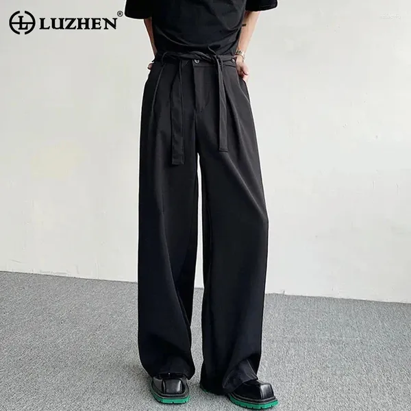 Calças masculinas Luzhen 2024 primavera dobra design moda homens casual terno na moda alça destacável gota larga perna calças retas lz1844