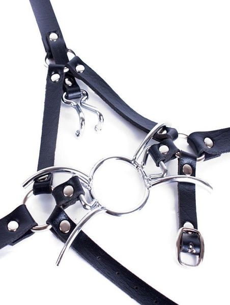 Bondage aço oring aranha boca aberta anel mordaça cabeça arnês de retenção com gancho nariz t788558090