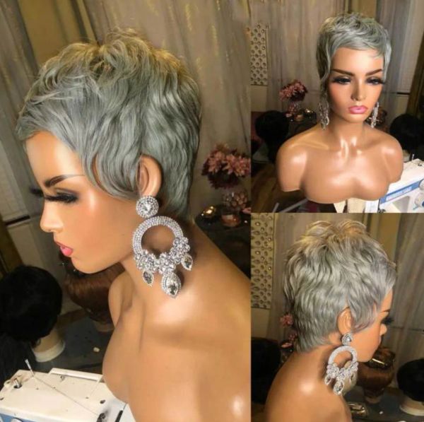 Perücken Wigera Silbergrau Synthetische Perücken kurze geraden Pixie Schnitt Haare Bob -Perücke mit Pony Haar für Frauen Party Halloween Cosplay Gebrauch