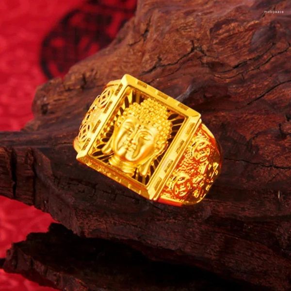 Cluster Ringe Echt 18 Karat Gold Farbe Für Männer Vater Bruder Buddha Kopf Religion Finger Nicht Verblassen Feine Schmuck Geschenke