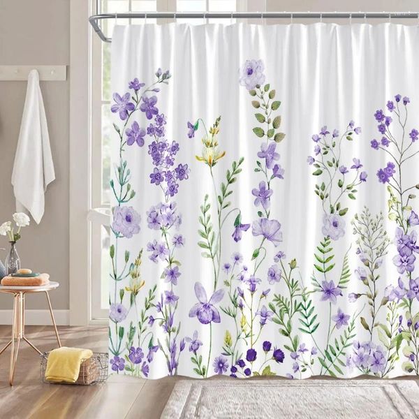 Cortinas de chuveiro roxo floral aquarela planta flores tecido moderno e minimalista casa decoração do banheiro conjunto cortina banho com ganchos