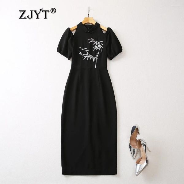 Vestidos de festa zjyt vintage bordado preto verão para mulheres 2024 moda estilo chinês fora do ombro midi vestido reto