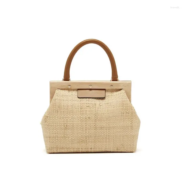 Холщовые соломенные женские сумки на шнурке с кожаной ручкой, деревянная рамка для кошелька, летние пляжные вечерние сумки для путешествий, вечерние женские сумки