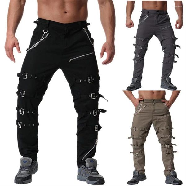 Calças masculinas estilo punk casual gótico metal decoração cintas calças de carga para homens hip hop streetwear preto corredores oversize