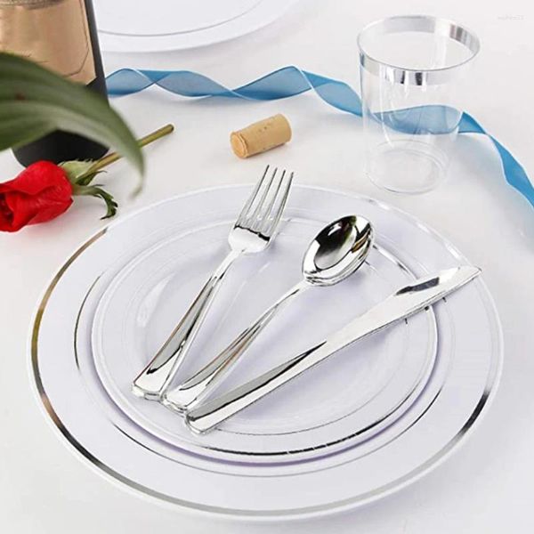 Dinnerware Sets 70pcs Silver Set Set Dinner Pratos de Sobremsert Faca Disponível para Festas de Aniversário de Casamento