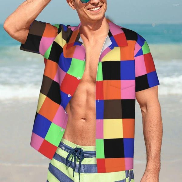 Freizeithemden für Herren, Colorblock-Strandhemd, bunt, Patchwork, hawaiianisch, kurzärmelig, Grafik, trendige übergroße Blusen, Geschenkidee