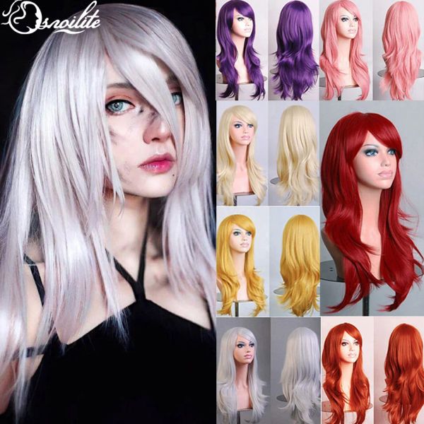 Perücken Snoilit Synthetic 28Colors 22 Zoll losen Wellenperiere Halloween Cosplay Perücken blau rot rosa grau lila haarperücke cosplay für feiern