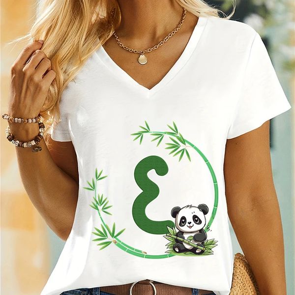 Grünes AZ-Alphabet Pandas essen Bambus, weißes Damen-T-Shirt mit V-Ausschnitt und süßem Panda, lässige High-Street-Fashion-T-Shirts 240318