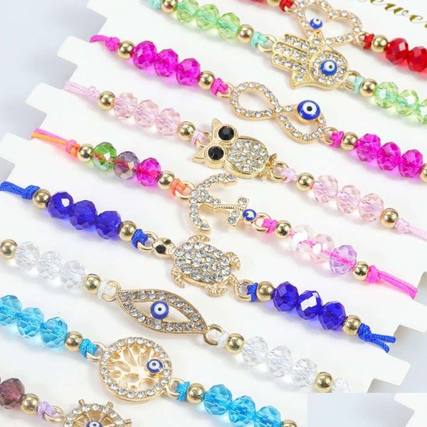 Braccialetti con ciondoli Occhio del diavolo Colorf Gufo Stella Pesce Charms Bracciale in corda Perlina di cristallo regolabile Mano Tartaruga Ancora Treccia versatile Ed Fo Dhgsx