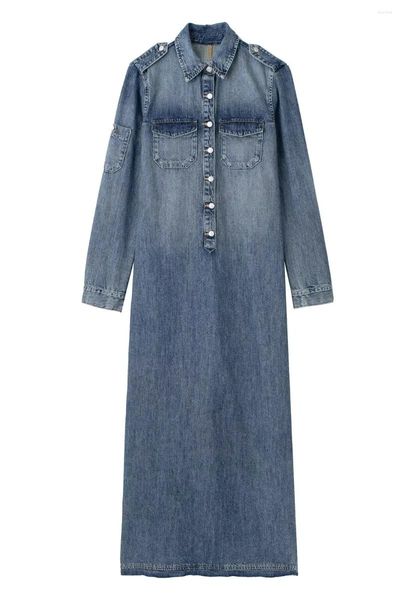 Casual Kleider SuperAen Europäischen und Amerikanischen Stil Frauen Herbst 2024 Mode Gürtel Taille Denim Kleid Lose Lange