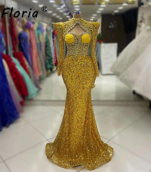 Abiti da festa Sparkly Gold Dubai Maniche lunghe Abiti da sera Perle Sirena in rilievo Abiti da cerimonia formale Abito da sposa Abiti Noche