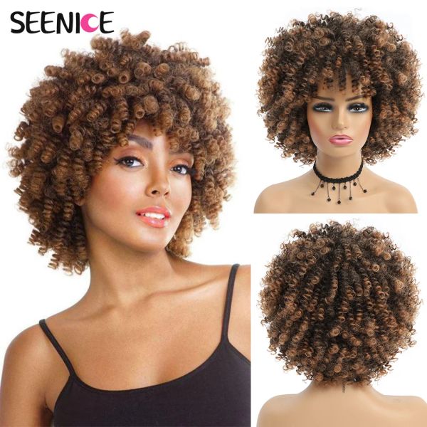 Perucas cabelos curtos afro peruca cacheada com franja perucas sintéticas africanas para mulheres negras ombre ombre natural de alta temperatura preta marrom