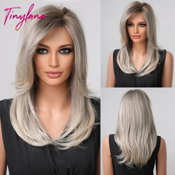 Perücken graue weiße blonde midlänge synthetische Haar Perücken mittelgroße Ombre -Perücke mit langen Pony für Frauen Natures Cosplay Layered Perücke