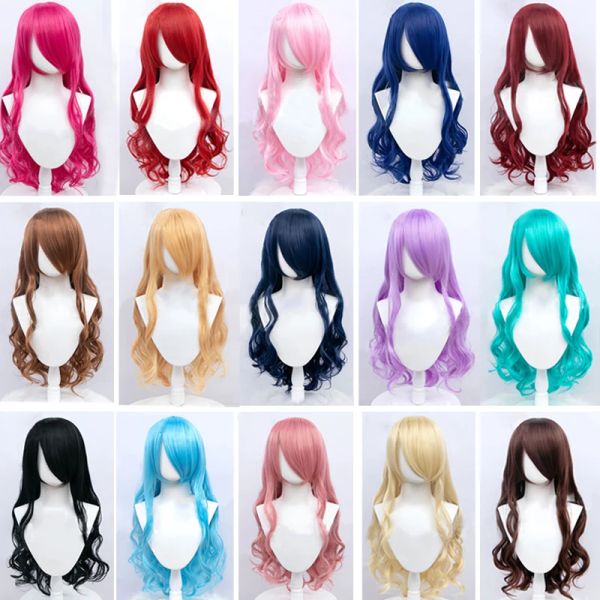 Wigs Difei Synthetic Cosplay Anime Perücke gute Qualität lang natürlicher Wellen mit Bang Party Lolita Haarperücken für Frauen rosa weiß blau