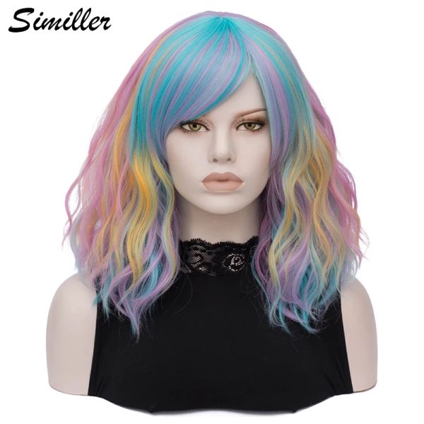 Perucas similler curto sintético perucas de arco -íris para mulheres peruca de cosplay de cabelo encaracolado com fibra de resistência ao calor da franja multicolor