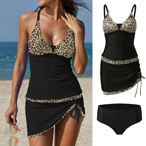 Mulheres plus size tankini vestido leopardo cordão roupa de banho feminina monoiki conjunto bodysuit maiô verão biquíni 240315