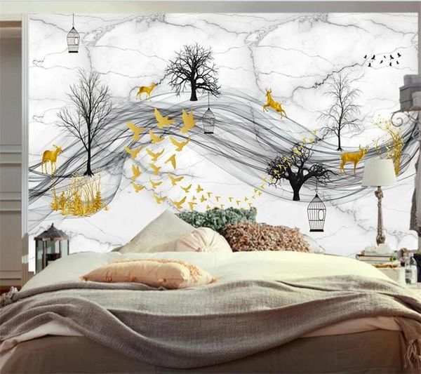 Wallpapers personalizado papel de parede 3d nórdico floresta elk abstrato fumaça voando pássaro luz luxo mural sala de estar fundo decoração da parede