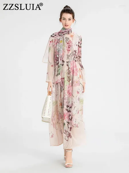 Casual Dresses ZZSLUIA Elegant für Frauen Blume bedruckter Schal Designer Slim Langes Kleid Mode Ärmel Vintage Weibliches Tuch